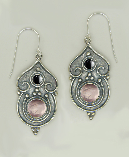 Sterling Silver Gothic Inspired Drop Dangle Earrings With Rose Quartz And Hematite